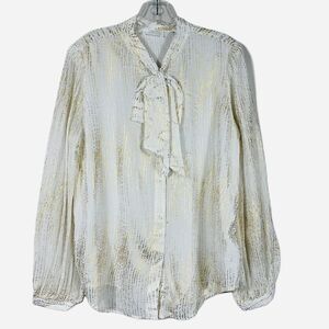 NWT 7 For All Mankind Silk Blend Tie Neck White/Gold Blouse Button Down Shirt L